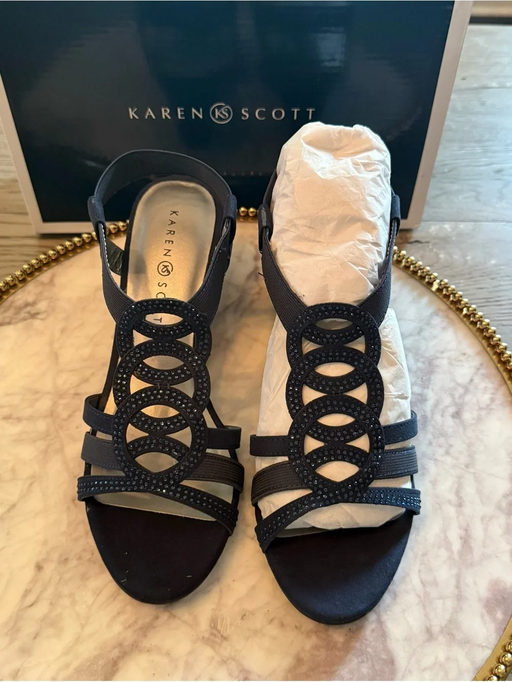 KAREN SCOTT Navy Elastic Comfort Rhinestone Wedge Sandals | SZ. 7 (NWB)